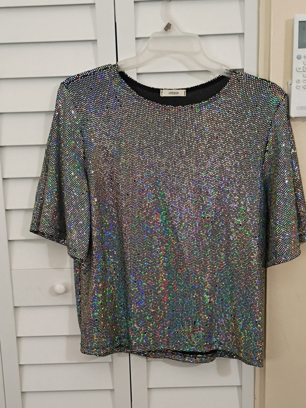 Cherish  Iridescent Silver Sequin Short Sleeve Top